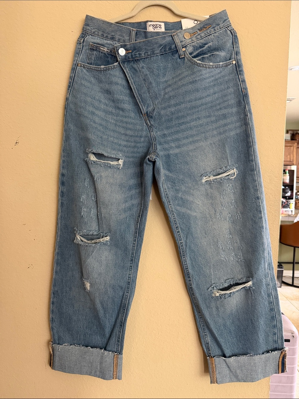 Insane One Los Angeles Light Blue Ripped crossover waist Boyfriend Jeans